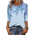 thumbnail image 2 of Women's Graphic Printed T-shirts 3/4 Length Sleeve Tees Crew Neck Spring Fall Summer Tops with Buttons (S, Sky Blue 01), 2 of 7