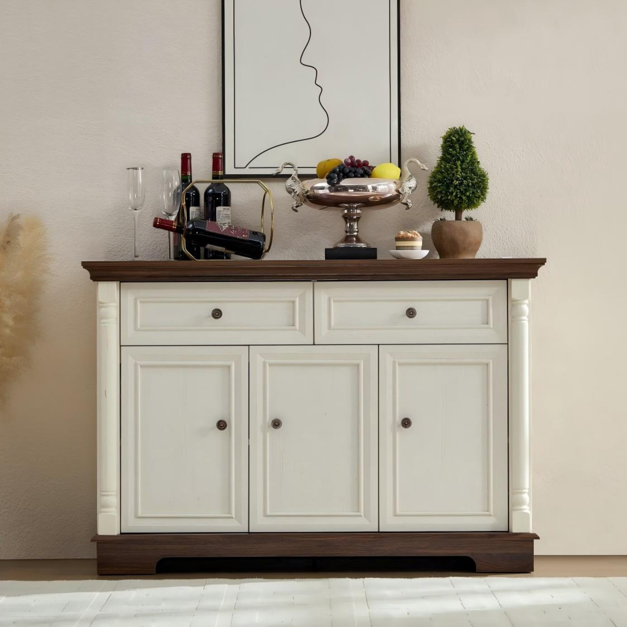 AENKYO Farmhouse Buffet Cabinet with Storage and Charging Station, Rustic Sideboard for Dining or Living Room, Antique White