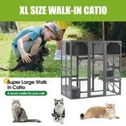 Segmart Cat House Outdoor Catio Wooden Walk-in Cat Enclosure Large for Multiple Cats, Upgrade Luxurious Cat Condo with Sunshine Board, Dark Grey