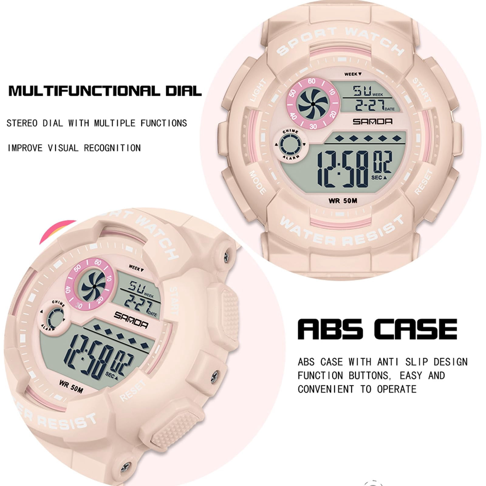 Findtime Digital Watch Womens Sport Waterproof White Wrist Watches for Women with Alarm Stopwatch Hourly Chime LED Display 12H/24H Calendar