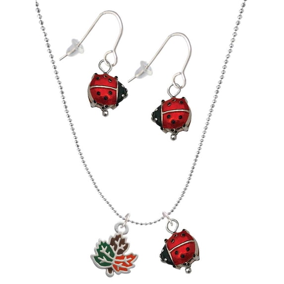 Delight Jewelry Silvertone Small Enamel Fall Leaf Red Lucky Ladybug Necklace and Dangle Earrings Set