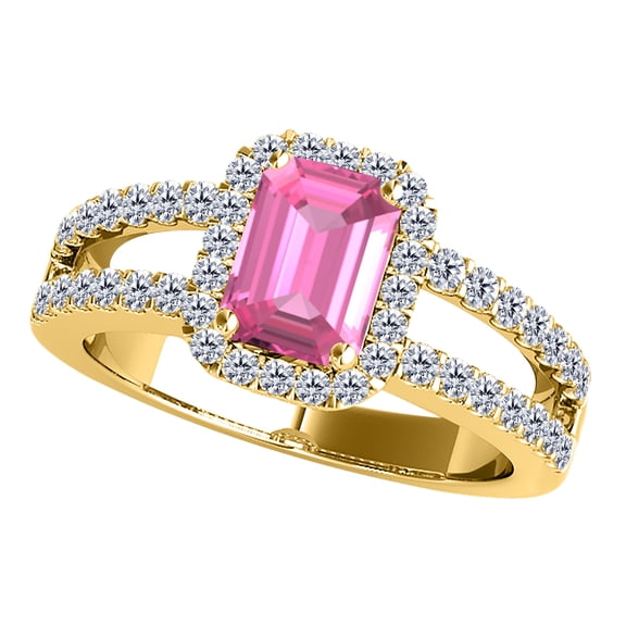 AoneJewelry 10k Gemstone and Diamond Prong Set Ring (Rose, White and Yellow Gold) With 2 Carat Emerald Cut Pink Topaz and Diamonds
