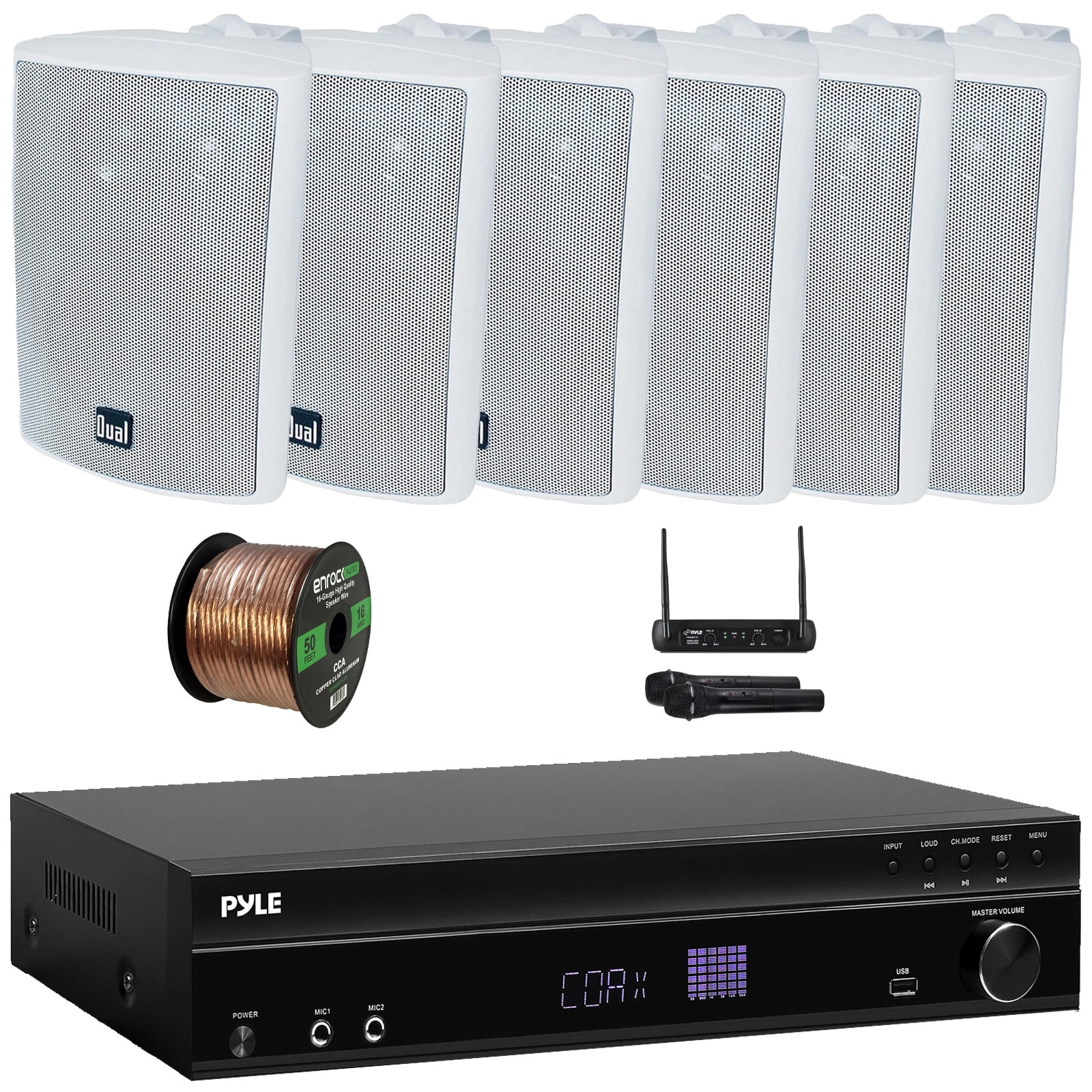 Pyle PT875BT 5.2 Channel 1000W Max USB-A MP3 Player FM Radio Bluetooth Home Theater Amplifier Receiver, 4x 4" 30W Max Power 3-Way Indoor/Outdoor Black Speakers, VHF Wireless Microphone System, Wire