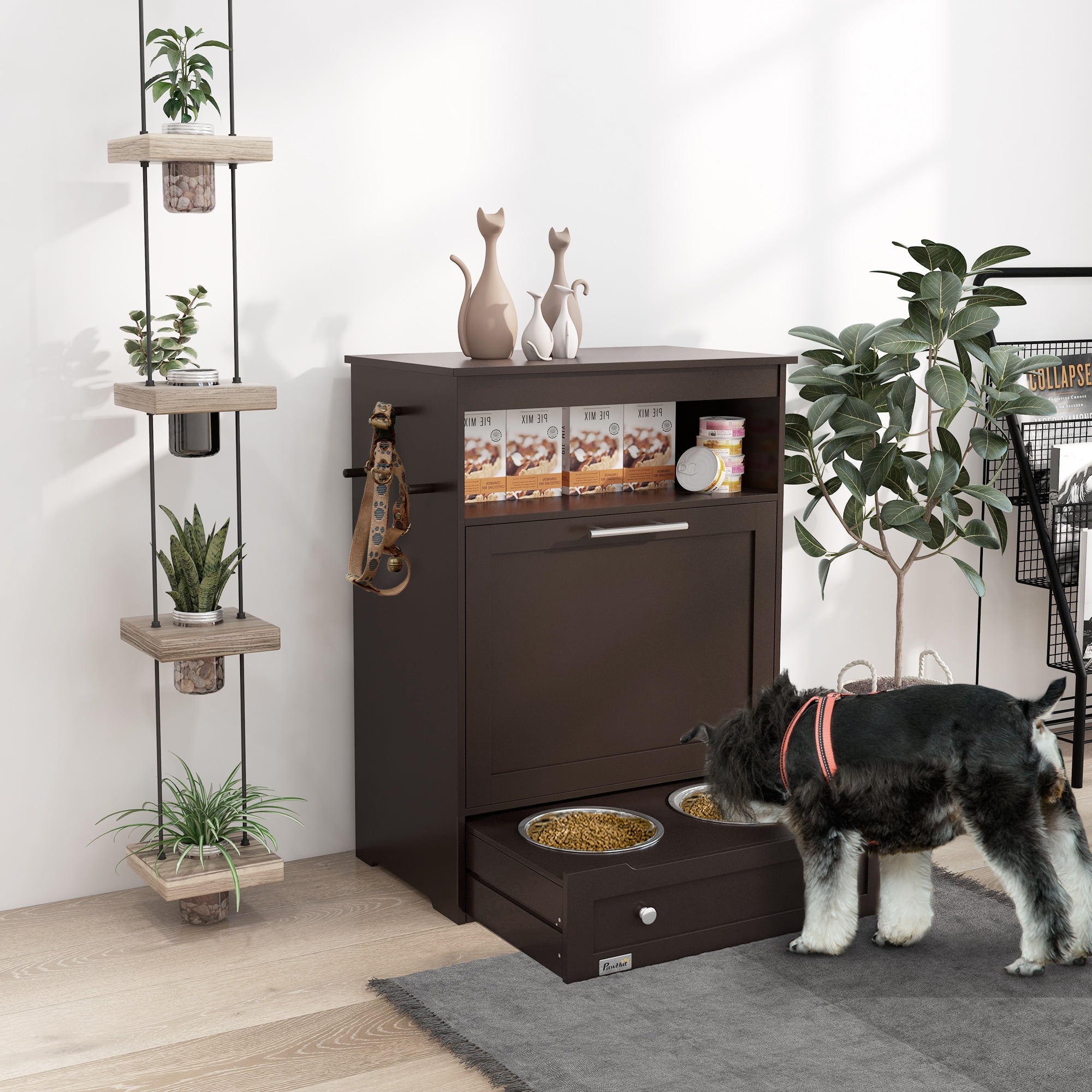 Dog Bed PawHut Pet Feeder Station, Storage Cabinet Dog Food Storage Container with Raised Dog Bowls and Hanger for Feeding & Watering Supplies, Brown,Large Dog Bed