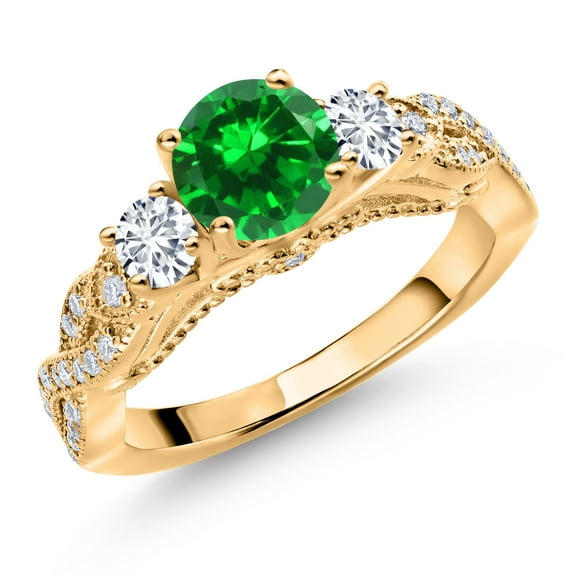 18K Yellow Gold Plated Silver Green Created Emerald White Lab Grown Diamond and White Moissanite Engagement Ring for Women (1.47 Cttw, Gemstone May Birthstone, Round 6MM and 3MM, Size 5)