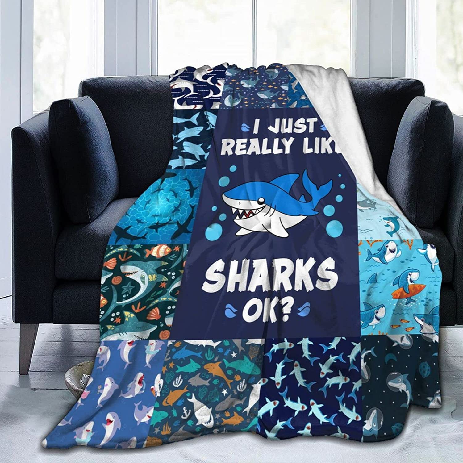 Shark Blanket Blue Shark Throw Blanket Cartoon Ocean Animal Print Plush Blanket Fleece Fuzzy