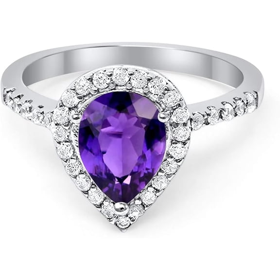 Divine Creation 2.00 Ct Pear Cut Purple Amethyst Wedding Engagement Halo Ring 925 Sterling Silver 14K White Gold Plated For Women's -8.5