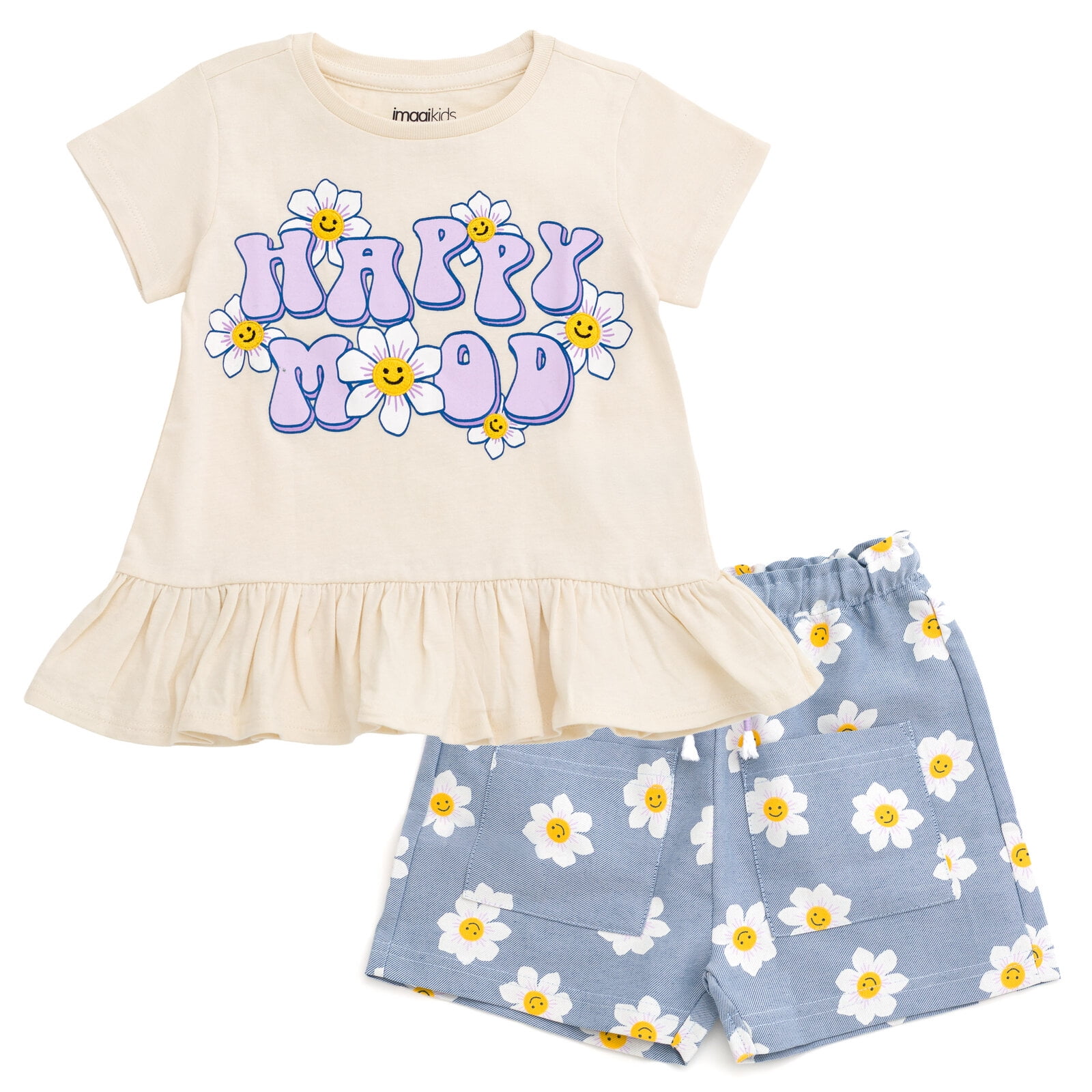 imagikids Daisy Floral Girls Peplum T-Shirt and Chambray Shorts Outfit Set Toddler to Big Kid Sizes
