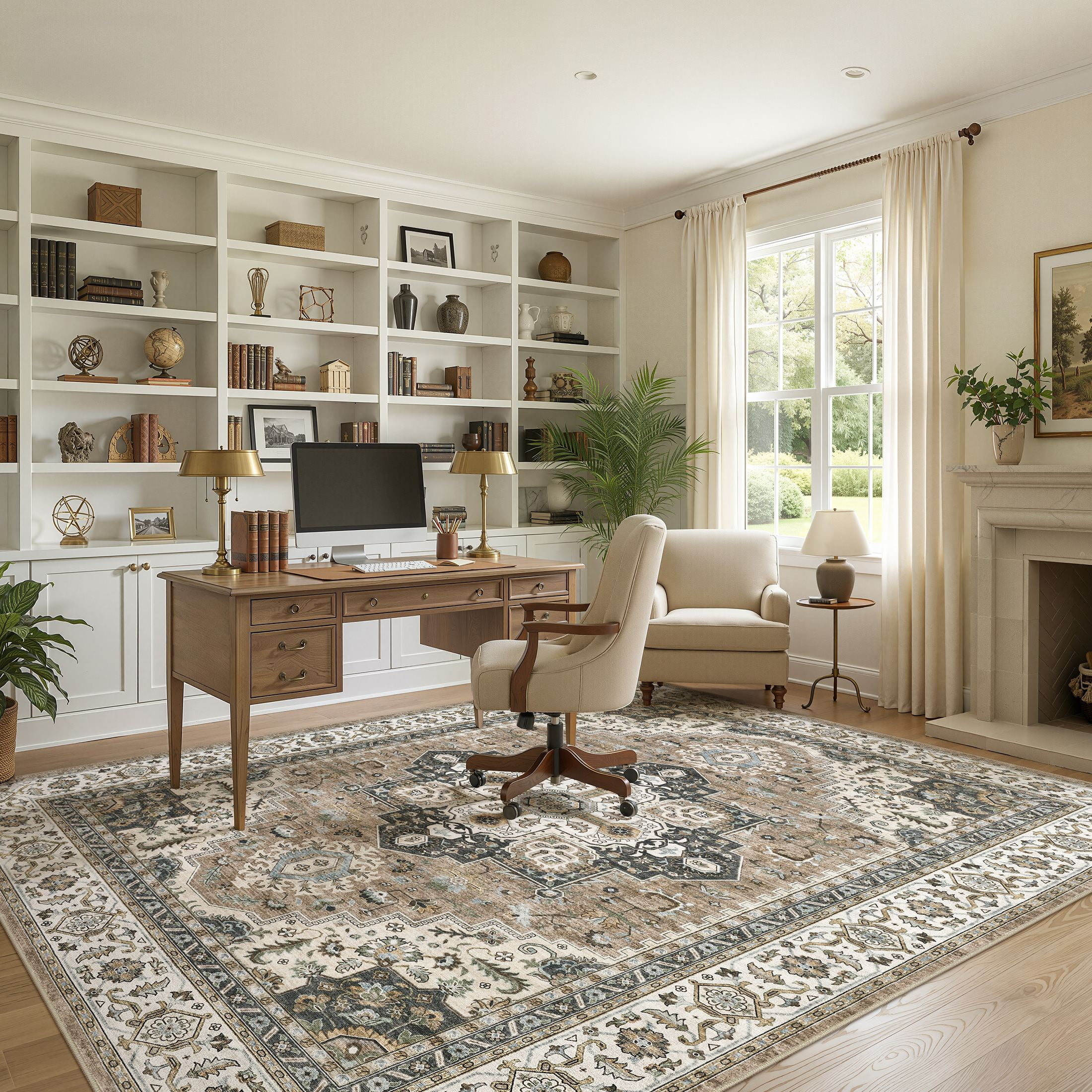 UERMEI 8'x10' Area Rugs for Living Room, Vintage Traditional Washable Rug for Bedroom Dining Room Home Office, Non-slip Floral Large Area Rug Decor Carpet, Brown Beige Rug