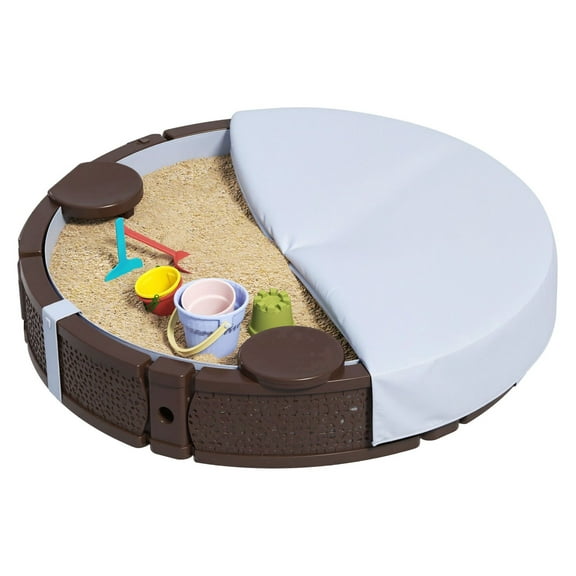 Kids Sandbox with Cover, 47" Round Outdoor Sand Box, 3 Seats, Waterproof Liner, for Backyard, Lawn, Garden, Beach, Brown