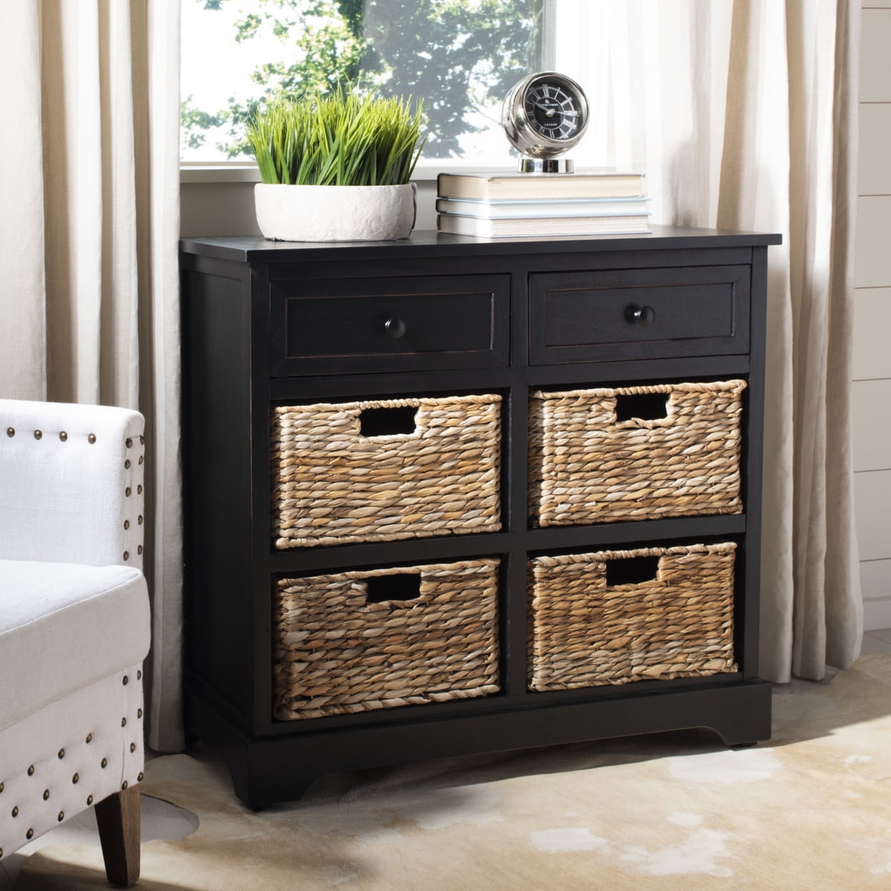 SAFAVIEH Herman Storage Unit With Wicker Baskets Distressed Black