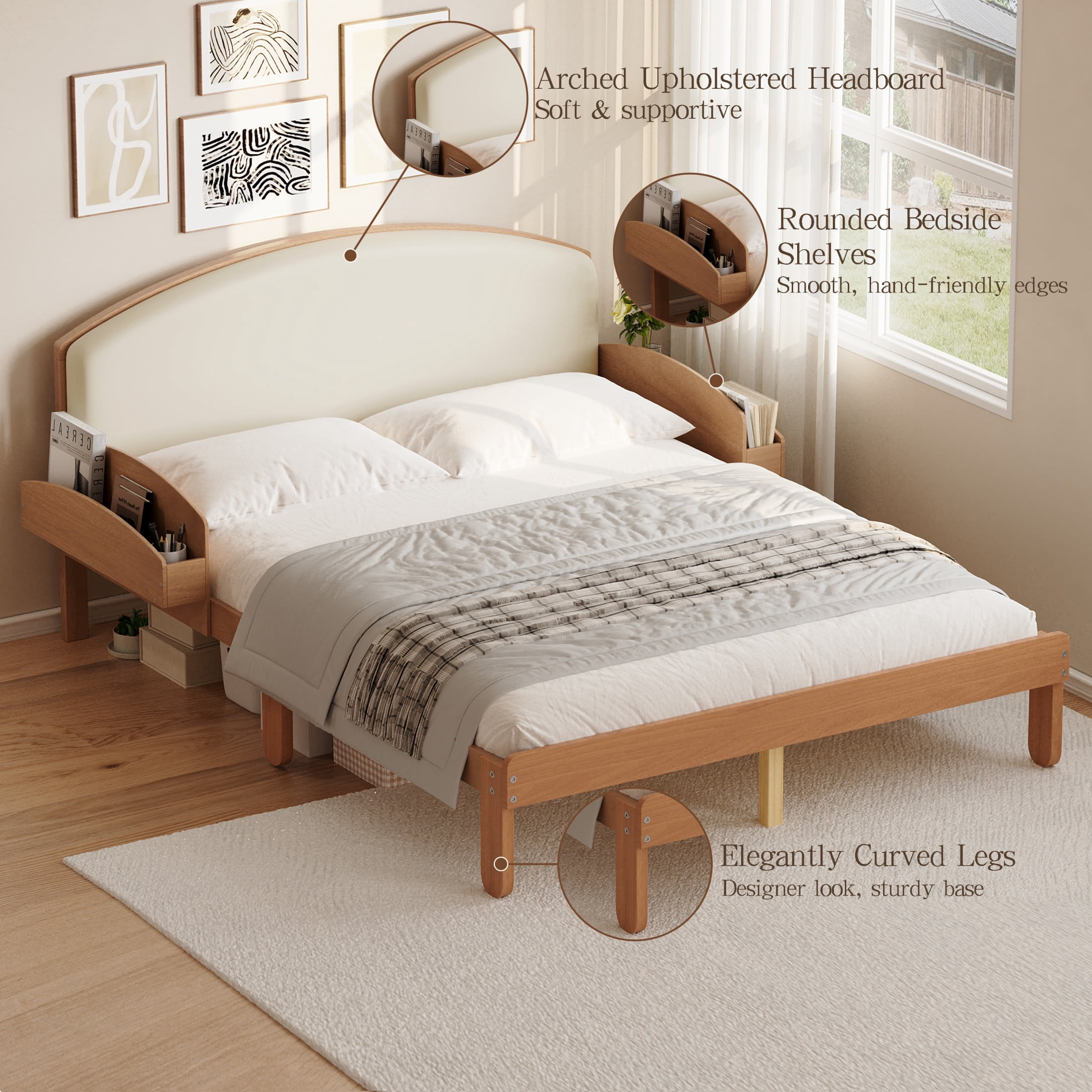 Noble House Full Size Platform Bed with Curved Padded Headboard, Side Storage Shelves, Light Walnut