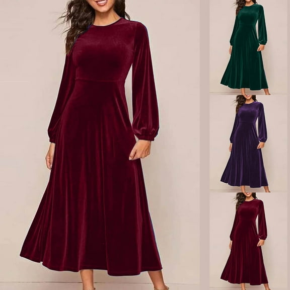 Oksale Plus Size Womens Velvet Dress Elegant Flowy A Line Midi Dresses Loose Puffle Sleeve Dess Casual Crewneck Dresses for Party Evening Wine XL