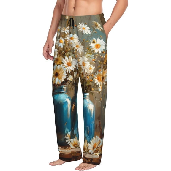 Picia Rustic Daisy Mason Jars Mens Soft Woven Cotton Elastic Waistband Sleep Pajama Pant Lounge Sleep Pant With Pockets And Drawstring-Small