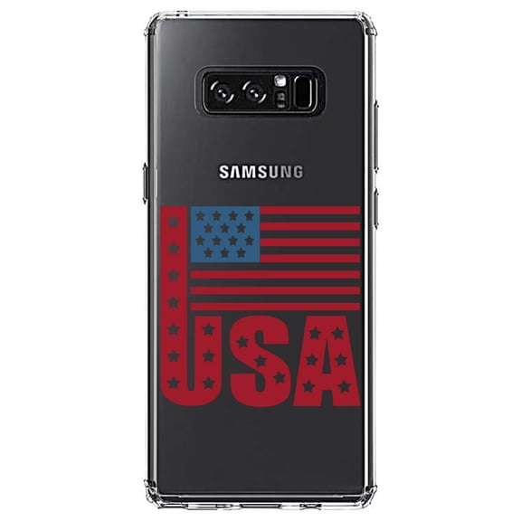 DistinctInk Clear Shockproof Hybrid Case for Samsung Galaxy Note 8 - TPU Bumper Acrylic Back Tempered Glass Screen Protector - USA Flag Banner Red White & Blue