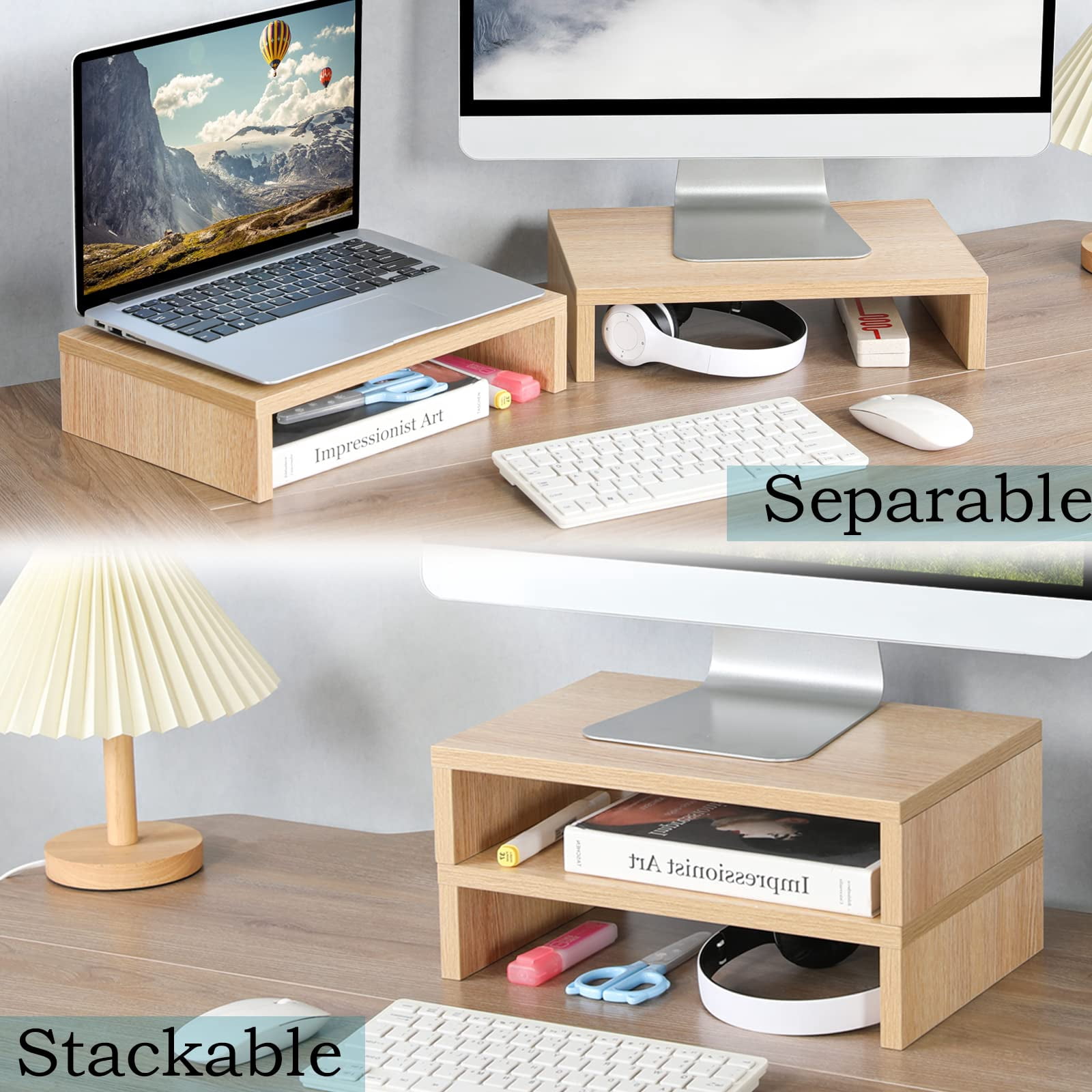 Wood Monitor Stand Riser - 2 Pack Adjustable Dual For Laptop/pc