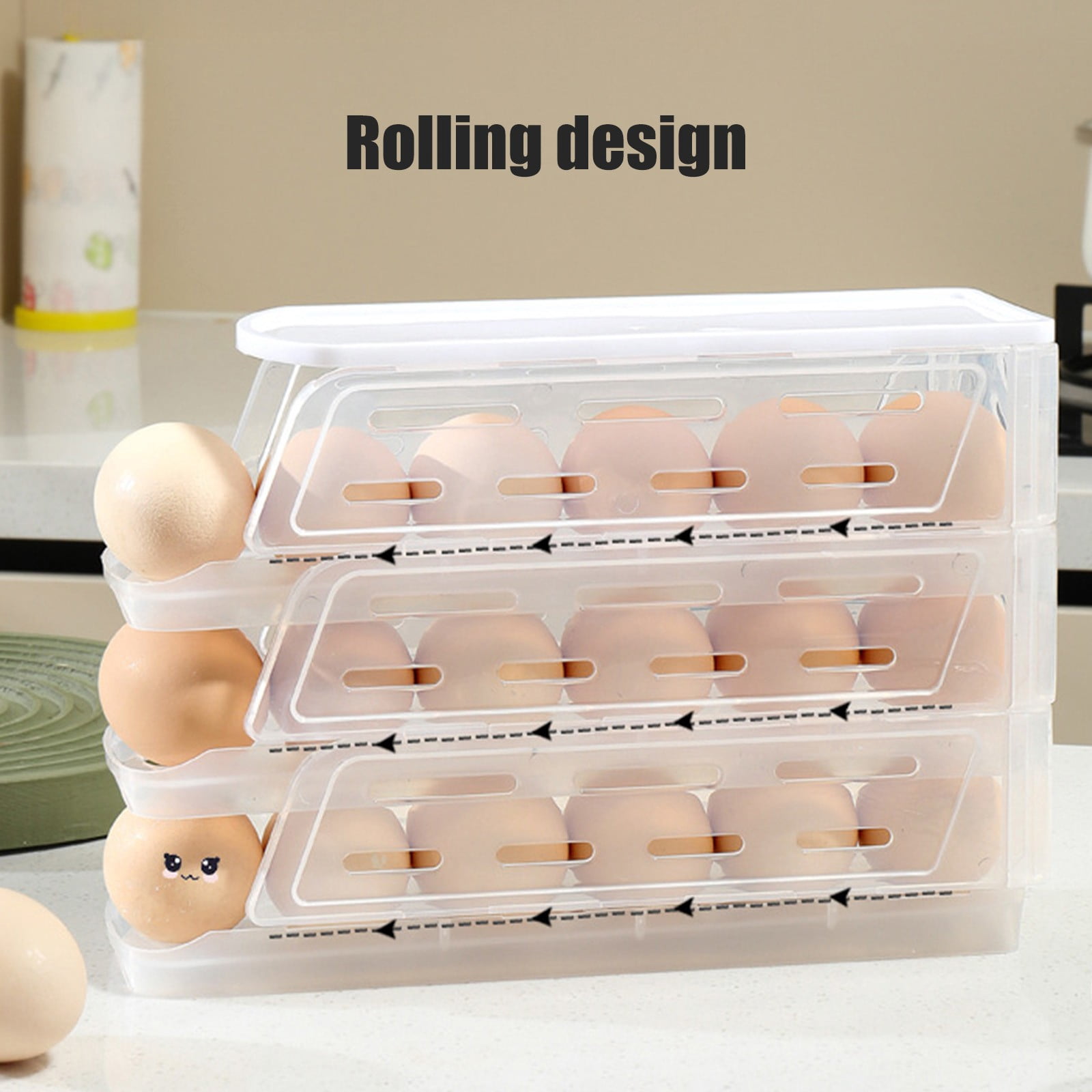 Rolling Egg Organizer Storage Box for Refrigerator Slide Type Egg Carton with Lid Household Kitchen(C)
