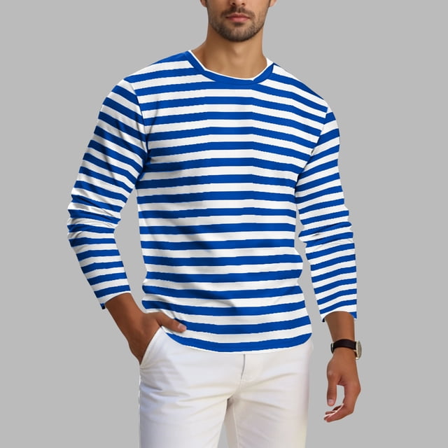 Ceisia Men's Spring Fall Casual Regular Fit Crew Neck Long Sleeve T-Shirt Multi-Color Striped Cotton-Like Jersey Stretch Fabric Blue M Gifts