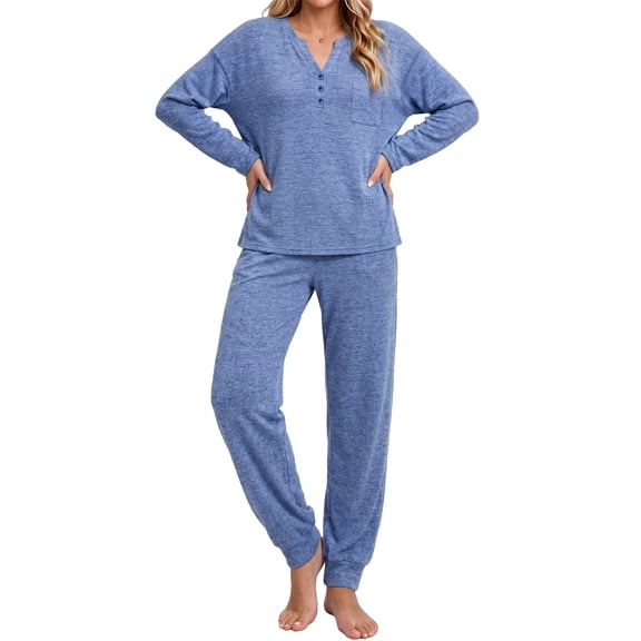 UVN Pajamas Sets for Women Long Sleeve Henley Neck Tops and Pants 2 Piece Outfits Fall Winter Casual Sleepwear Pjs Lounge Sets