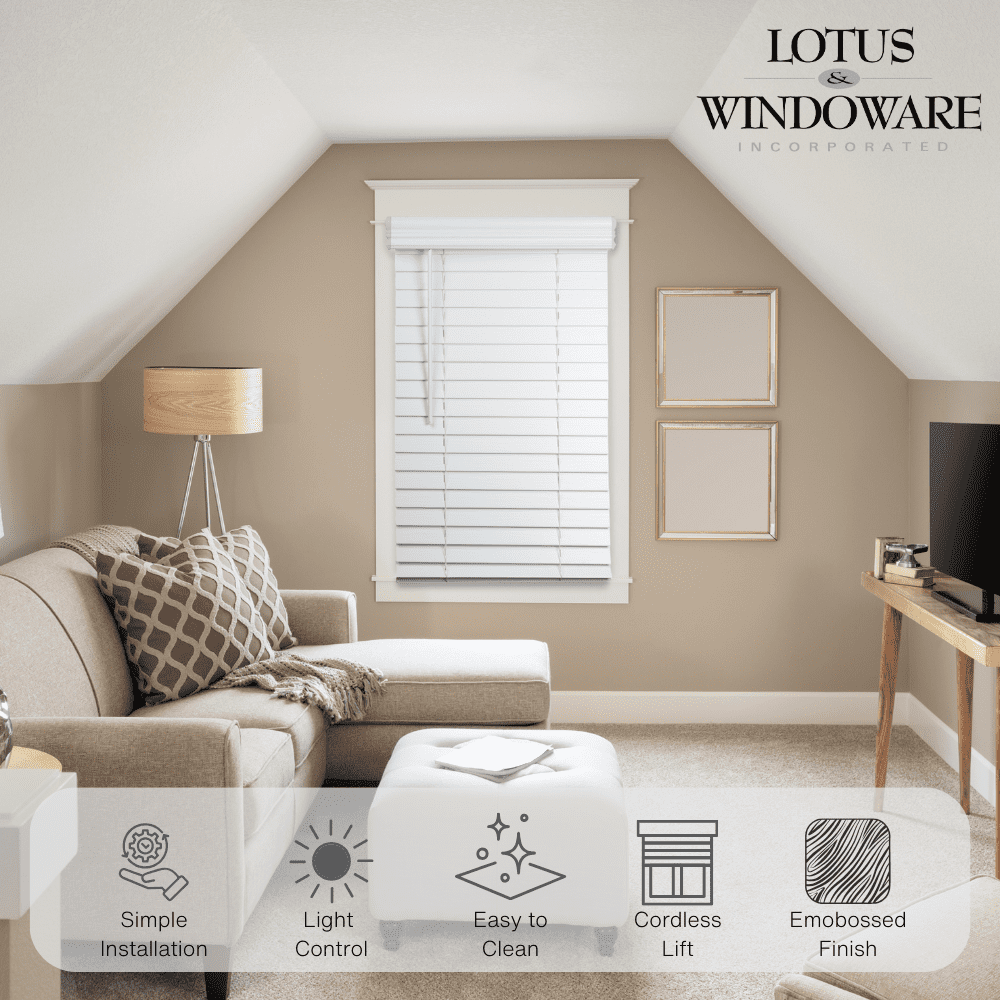 Lotus & Windoware Cordless 2" Faux Wood Room Darkening Horizontal Blind, 48" W x 48" L, Bright White, Embossed