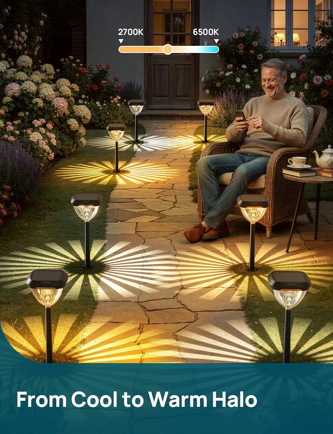 Linkind Smart Solar Pathway Lights SP6, in-App Pattern Switching Solar Lights Outdoor Waterproof, Solar & Wired Charging Color-Changing Landscape Lighting, Garden Decor for Yard, Patio (4 Pack)