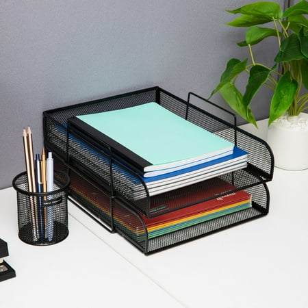 Mind Reader - Stackable Paper Tray, Desktop Organizer, File Storage, Office, Metal Mesh, 10.5"L x13.5"W x11.25"H, 4 Pcs. - Black