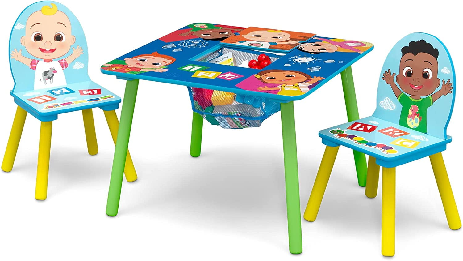 CoComelon Table and 2 Chairs with Storage Set by Delta Children, Greenguard Gold Certified, Toddler
