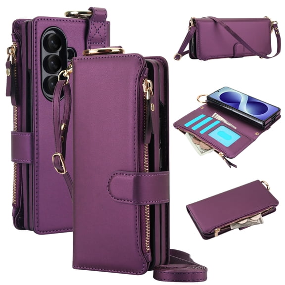 Corliven for Samsung Galaxy Z Fold 8 Ultra Case, Flip Wallet Phone Case with Crossbody Strap, Card Slots, Zipper Pocket, Kickstand and Wrist Strap, Deep Purple