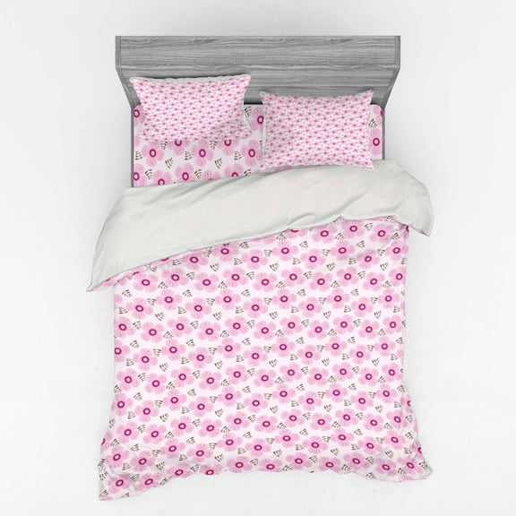 Ambesonne Floral Bedding Set 4 Pcs, Pink Blossoms Dotted Petals, Queen, Pale Pink Magenta