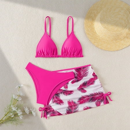 Geire Three Piece Swimsuit for Big Girls Hawaiian Printed Summer Bikini Set with Cover Up Skirt Pink 14-15 Years