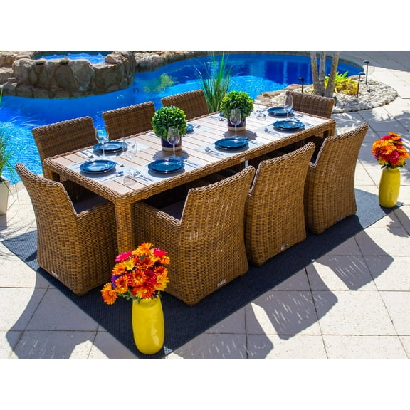 Malmo 9-Piece Resin Wicker Outdoor Patio Furniture Dining Table Set In Natural w/ Dining Table and Eight Chairs (Full-Round Natural Wicker, Polyester Light Gray)