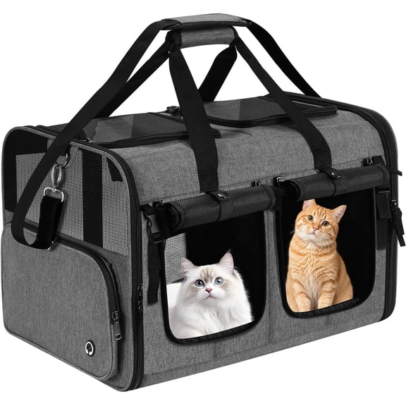Cat Carrier for 2 Cats, Foldable Double Cat and Dog Carrier, Small to Medium Size, 2 Front Zippered Compartments,Two Pets Carrier for Travel,Mulitple Cat Carrier (Dark Gray with Flat Pocket)