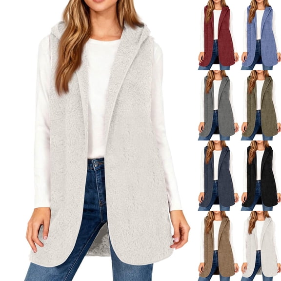Dazajoo Dark Gray Long Vest for Women Fleece Sleeveless Open Front Cardigan Outerwear Lightweight Fleece Sherpa Hooded Jacket,M