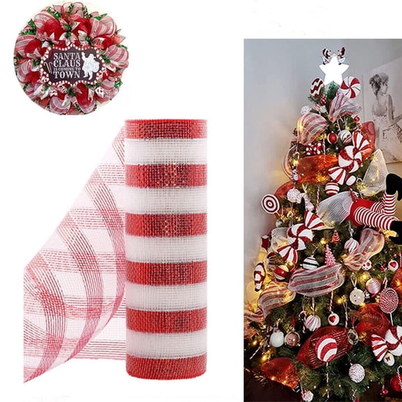 YardChic Deco Mesh Ribbon, Christmas Mesh Ribbon, Christmas Candy Color Red & White Striped Tulle Roll, Decorative Mesh Ribbon for Valentine's Easter Wreath and Home Decorating, 10 in x 30 ft