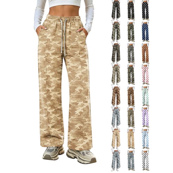 Women's Camo Wide Leg Pants High Waisted Drawstring Lounge Pants with Pockets Casual Loose Fit Bottoms for Daily Outdoor Street Wear Soft Comfy