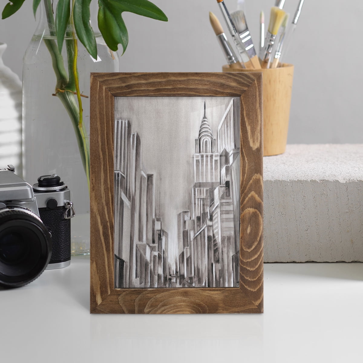 Art Deco Cityscape I -Framed Print w/glass-Walnut