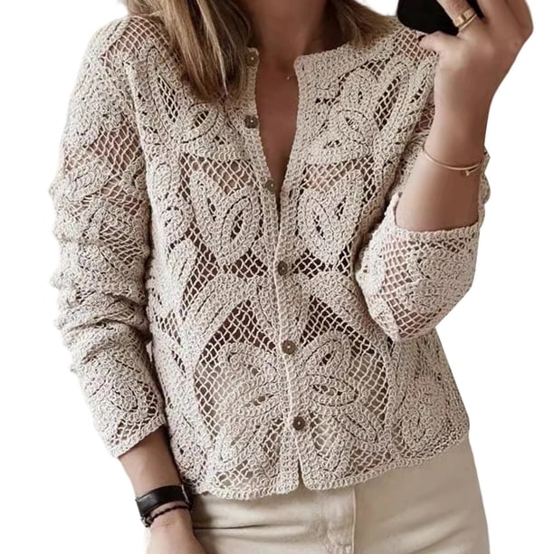 Top de Crochet para Mujer, Estilo Retro, Informal, con Cuello Redondo y Encaje. Color Albaricoque M