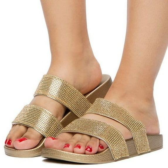 Gold Rhinestone Slides Flat Sandals Banded Footbed