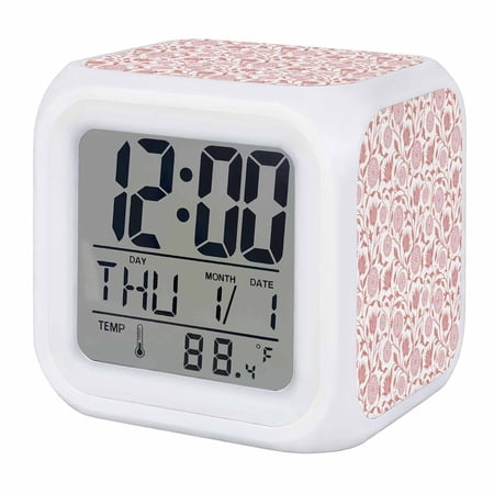 Alarm Clocks Pink Retro Floral Digital Clock 7 Color LED Night Light Silent Non-Ticking Battery Operated Plant Flower Leaves Branch Cube Clocks for Bedroom Bedside Living Room Office School