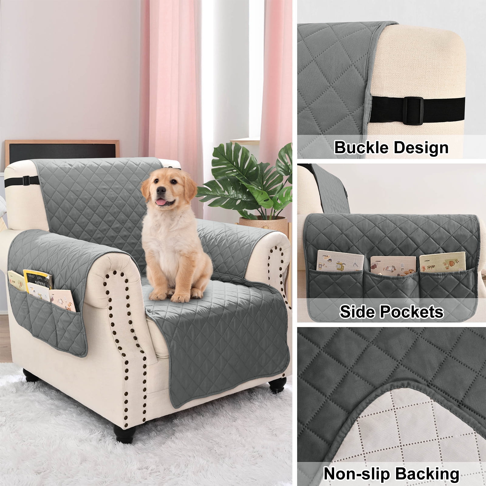 Sanmadrola Recliner Chair Cover Reversible Small Recliner Slipcover for Dogs Seat Width to 28 Inch Washable Couch Cover with Elastic Straps for Kids and Pets(Large Recliner, Grey)