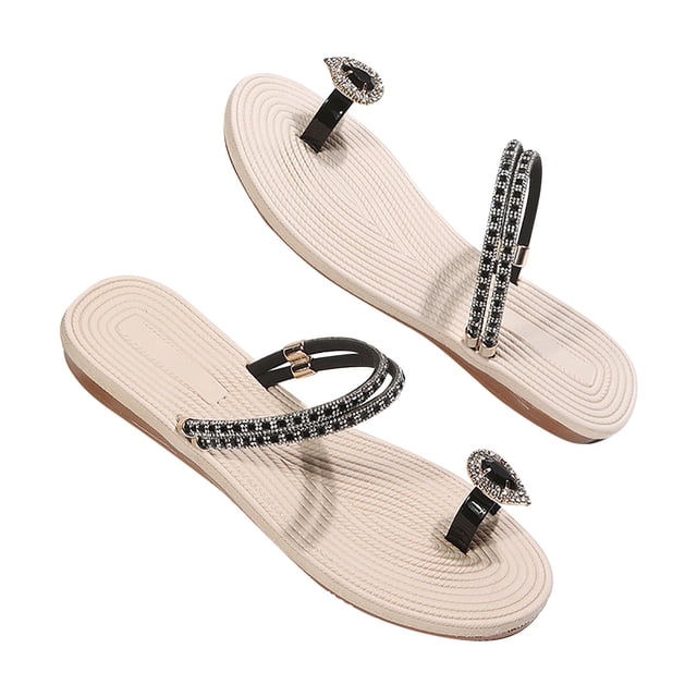 Flat Sandals for Women Toe Ring Clip Toe Rhinestone Decor Sparkly Slide Slip on Dressy Wedding Non Slip Summer Sandals Black