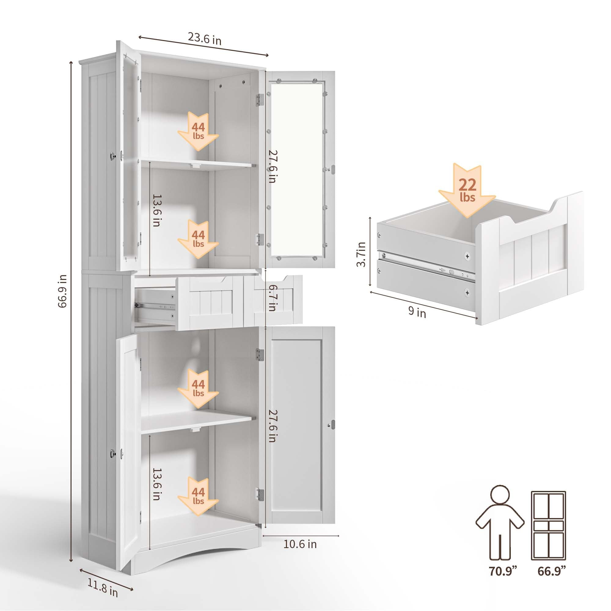 Pantry Cabinet,Lofka 67" Kitchen Pantry with Glass Door & Shelves & 2 Drawers, White