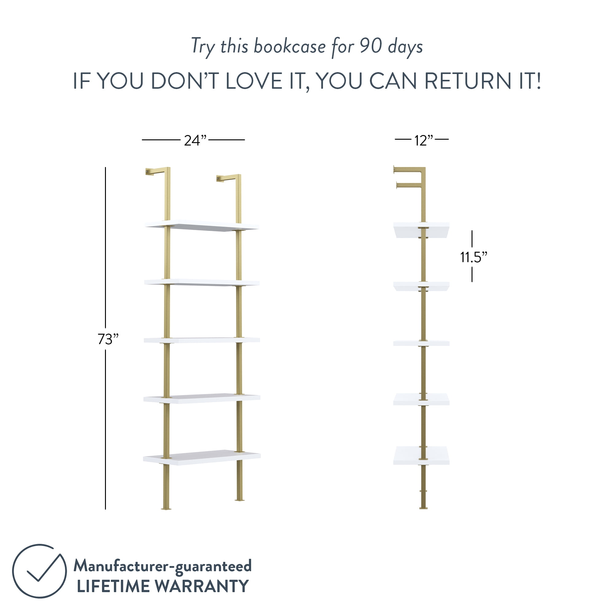 Nathan James Theo Industrial 5-Shelf Gold Ladder Bookcase with White Open Shelves and Brass Metal Frame