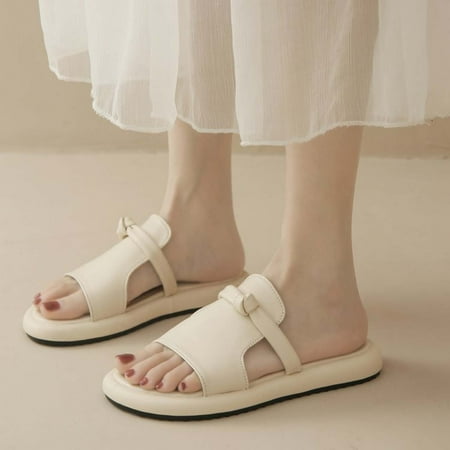 

FAKKDUK Womens Flat Sandals Fashion Open Toe Slip On Slides Casual Beach Sandals Slippers for Summer Women s Summer Casual Comfortable Slippers Ladies Fashion Beach Flat Slippers 7.5&Beige
