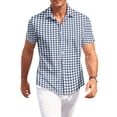 thumbnail image 2 of Men's Regular Fit Short Sleeve Shirts Plaid Printed Polyester Button Down Lapel Lightweight Breathable Classic Tops, Navy, L, 2 of 4