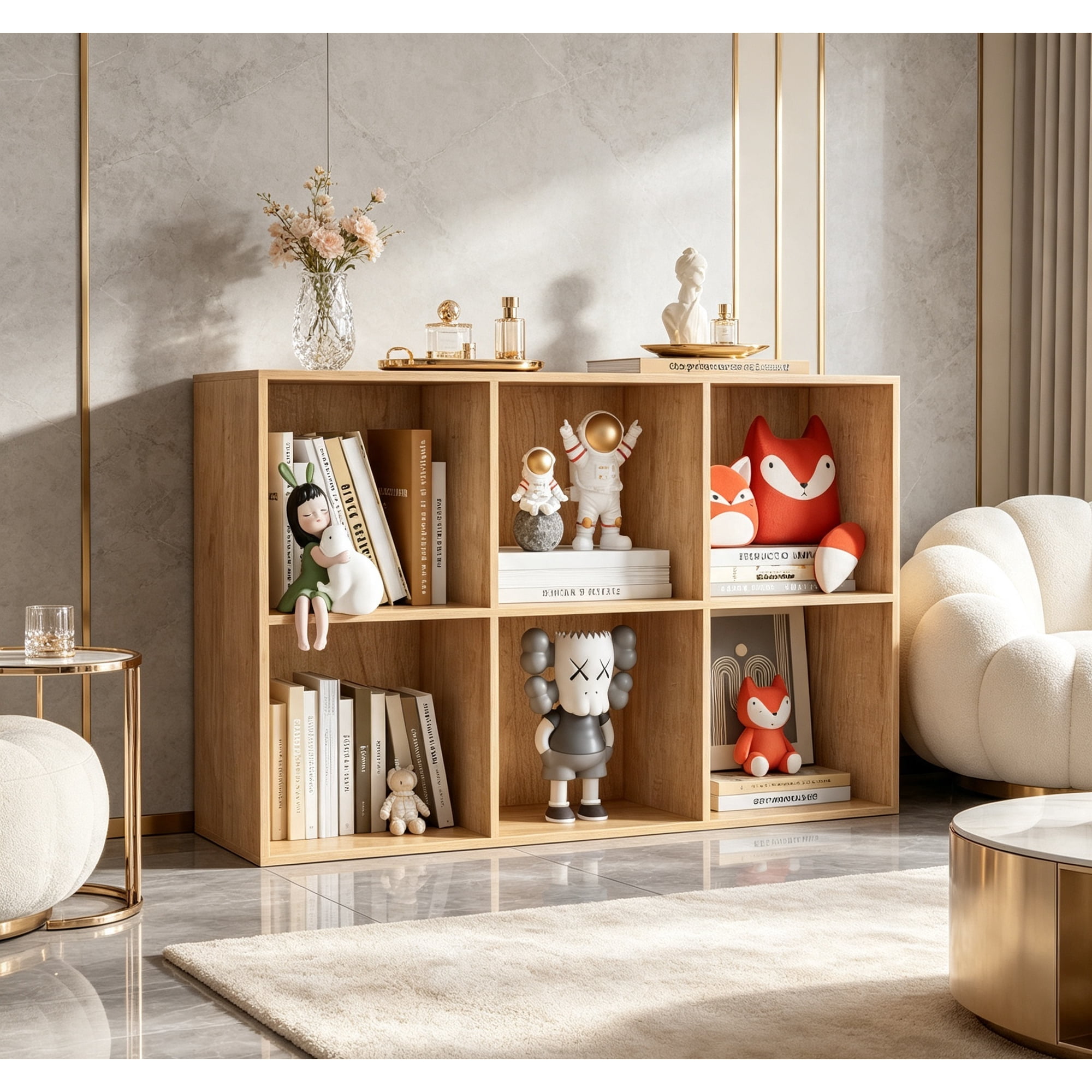 Book Shelf Wooden Cube Storage Organizer with 11 Open Cubes Stackable Modular Bookcase for Room Divider Storage 2-Tier Bookshelf for Living Room Bedroom Office (Oak 6-Cube)