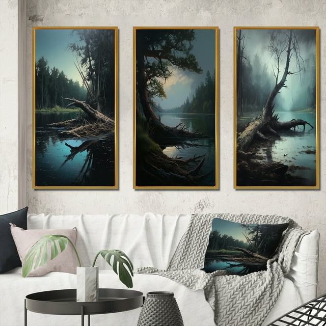Designart "Mysterious Morning Fallen Tree by Misty Lake II" Lakehouse Framed Wall Art Set Of 3 - Blue Lake House Frame Canvas Set For Living Room Decor