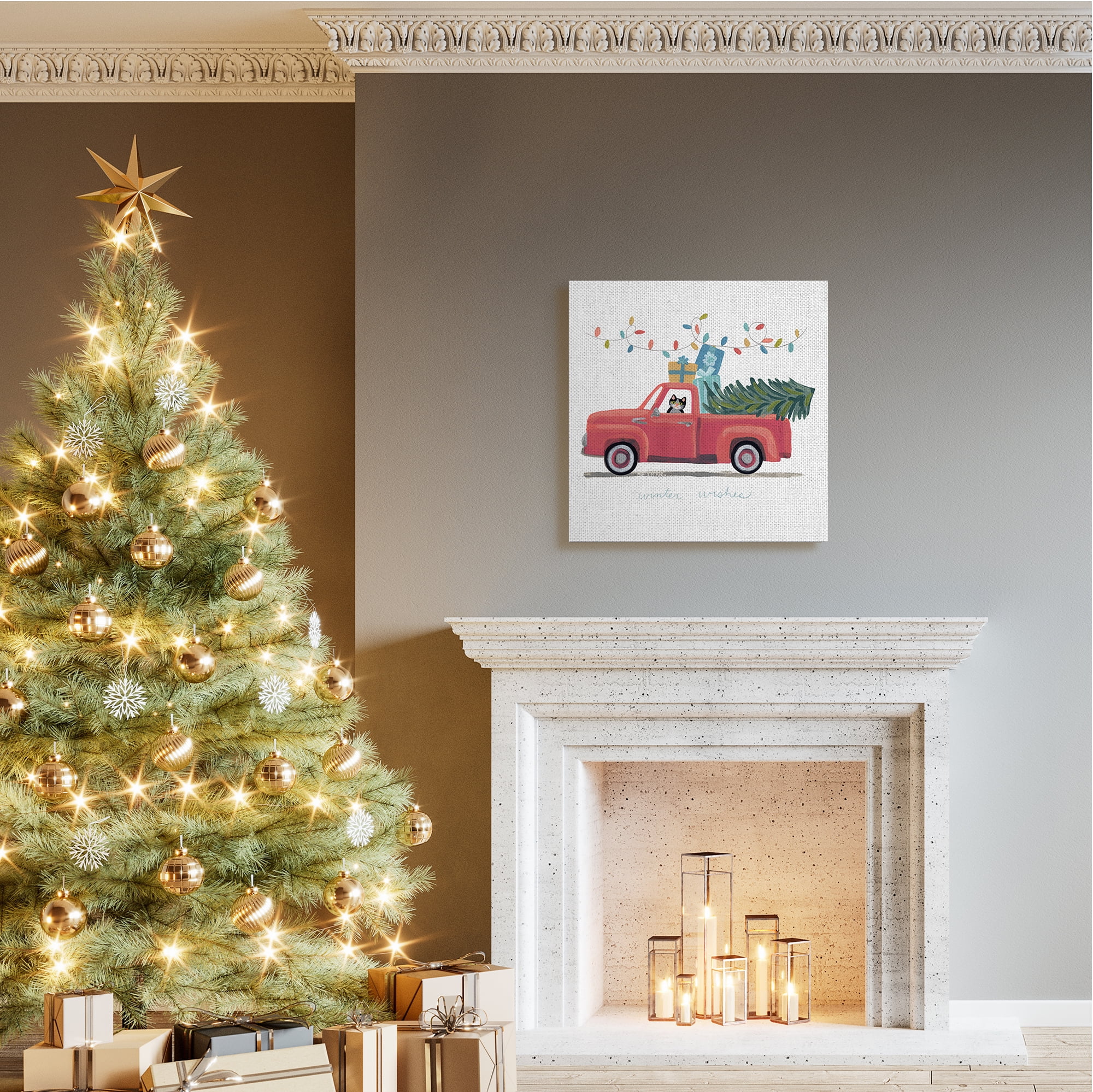 Stupell Industries Cat Christmas Red Truck Winter Wishes Phrase Transportation Painting Gallery Wrapped Canvas Art Print Wall Art, 36 x 36
