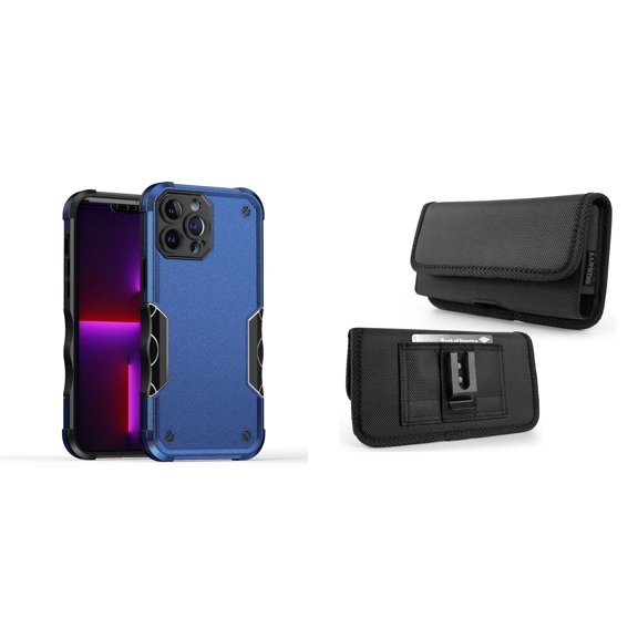 Case with Belt Holster Bundle for iPhone 14 Plus: Slim EX Hybrid Series Shockproof Case (Blue) and Horizontal Rugged Nylon Phone Pouch