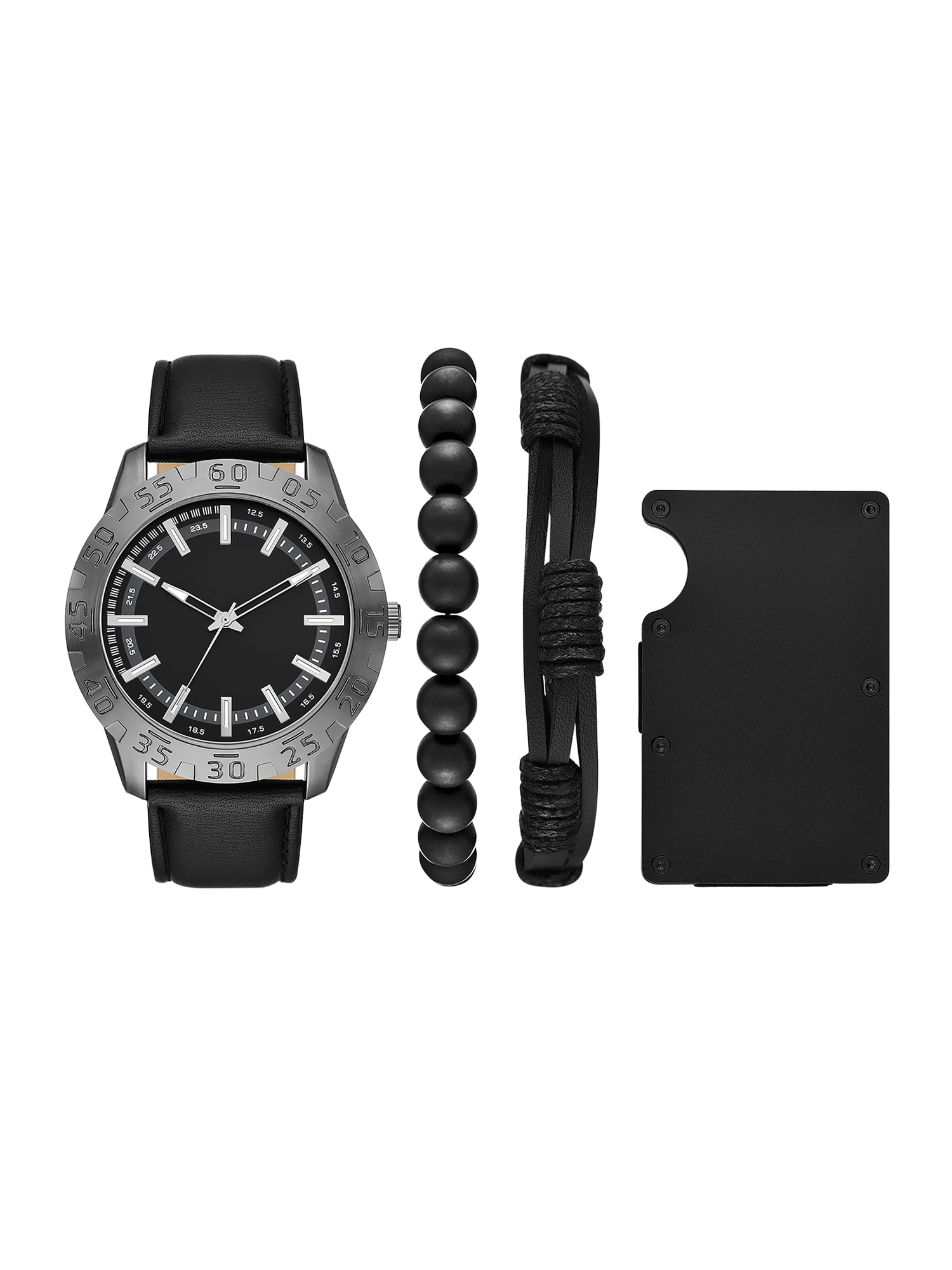 Folio Men's Gunmetal Tone Round Analog Watch with Black Faux Leather